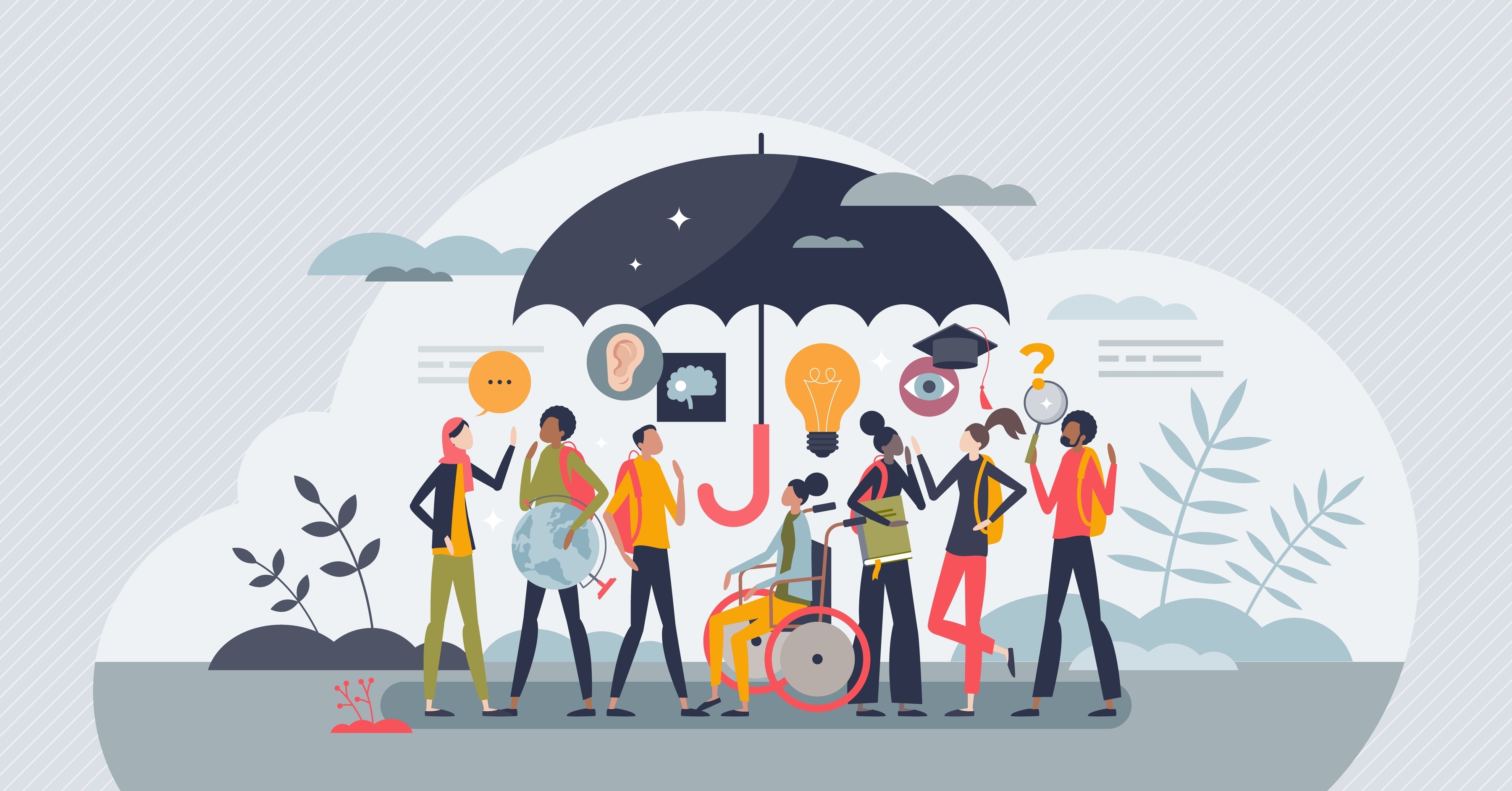 Inclusive education and ability to study for disabled pupil with physical limitations tiny person concept. Social groups and multicultural society learn in school or university vector illustration.