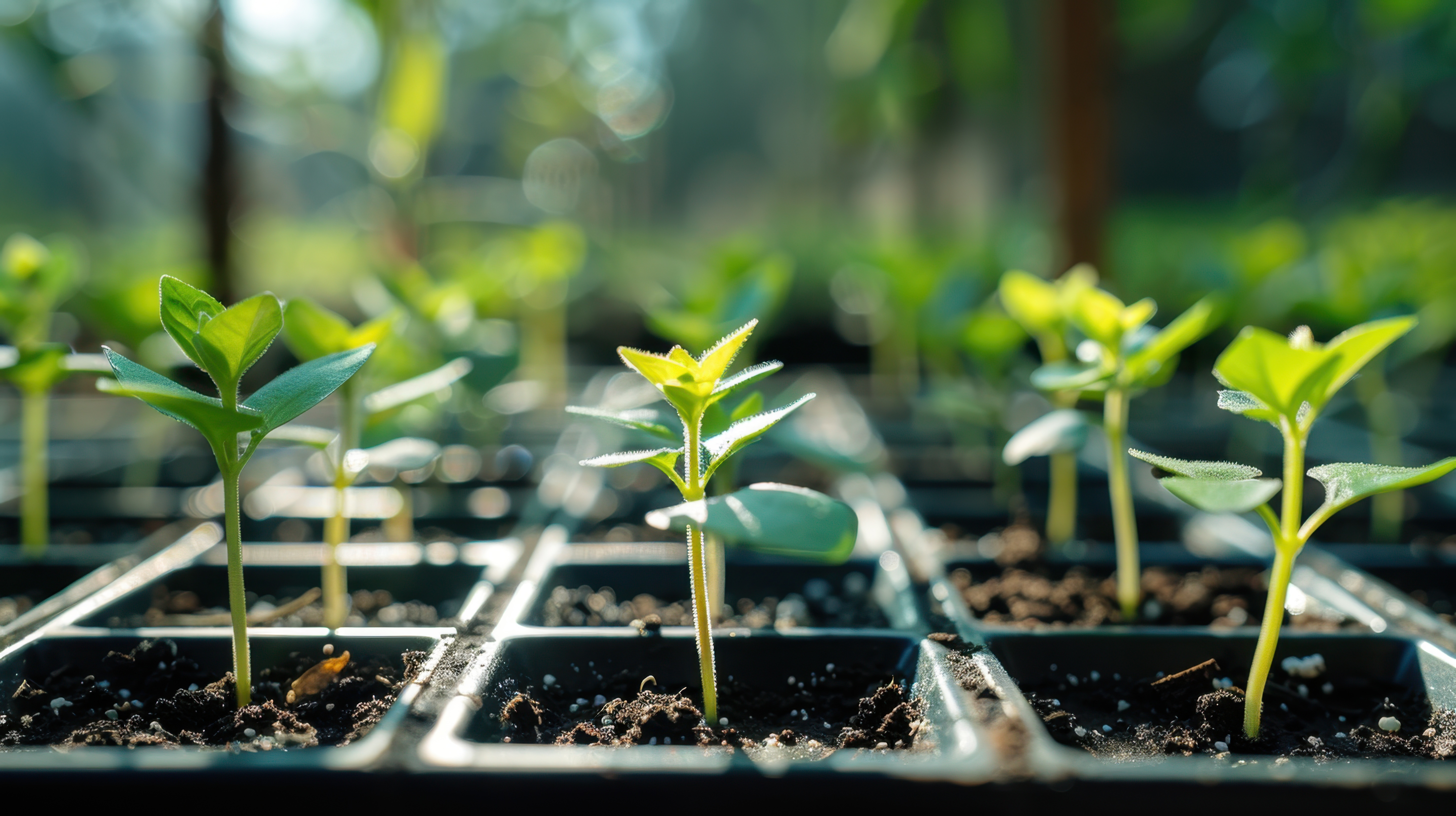 Collection of seedlings taking root in soil-filled containers